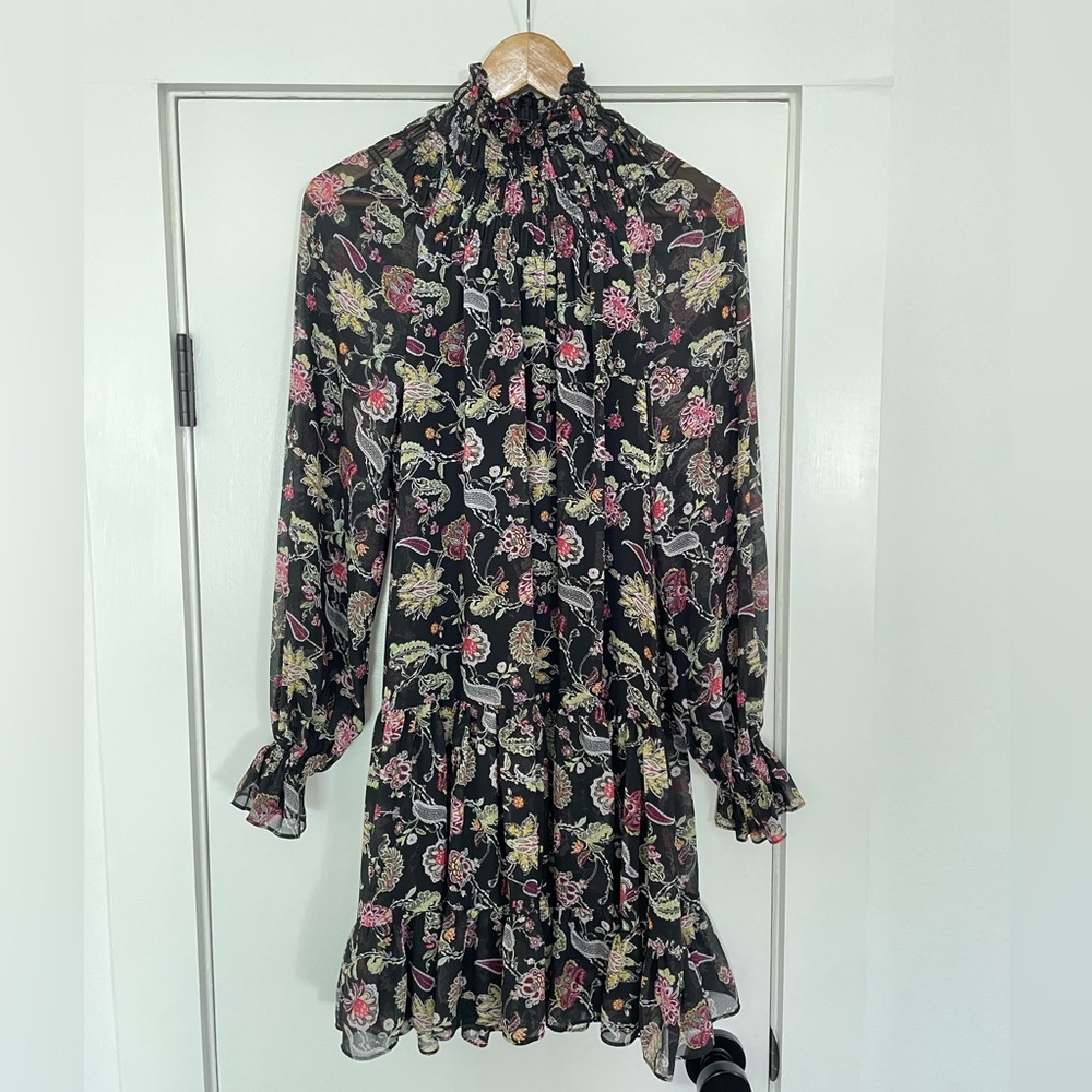 CINQ A SEPT | Black Floral Ruffle Smocked Dress, Size 4, - Picture 9 of 15